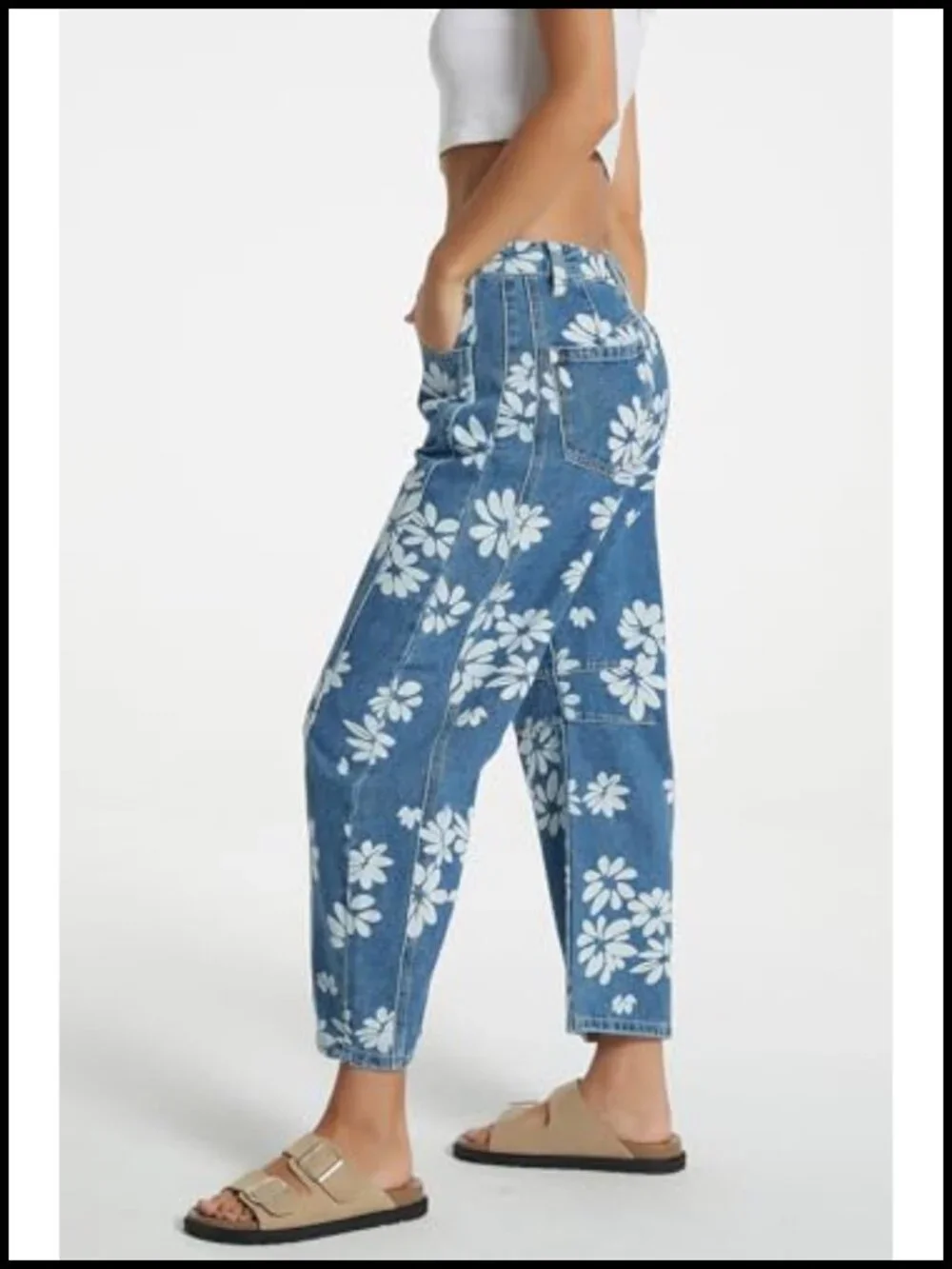 Women Printed Barrel Jeans Casual Low Rise Floral Cropped Wide Leg Denim Pants